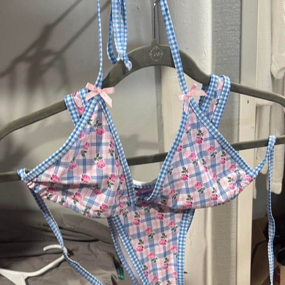 Blue and pink gingham with pink floral print bikini set